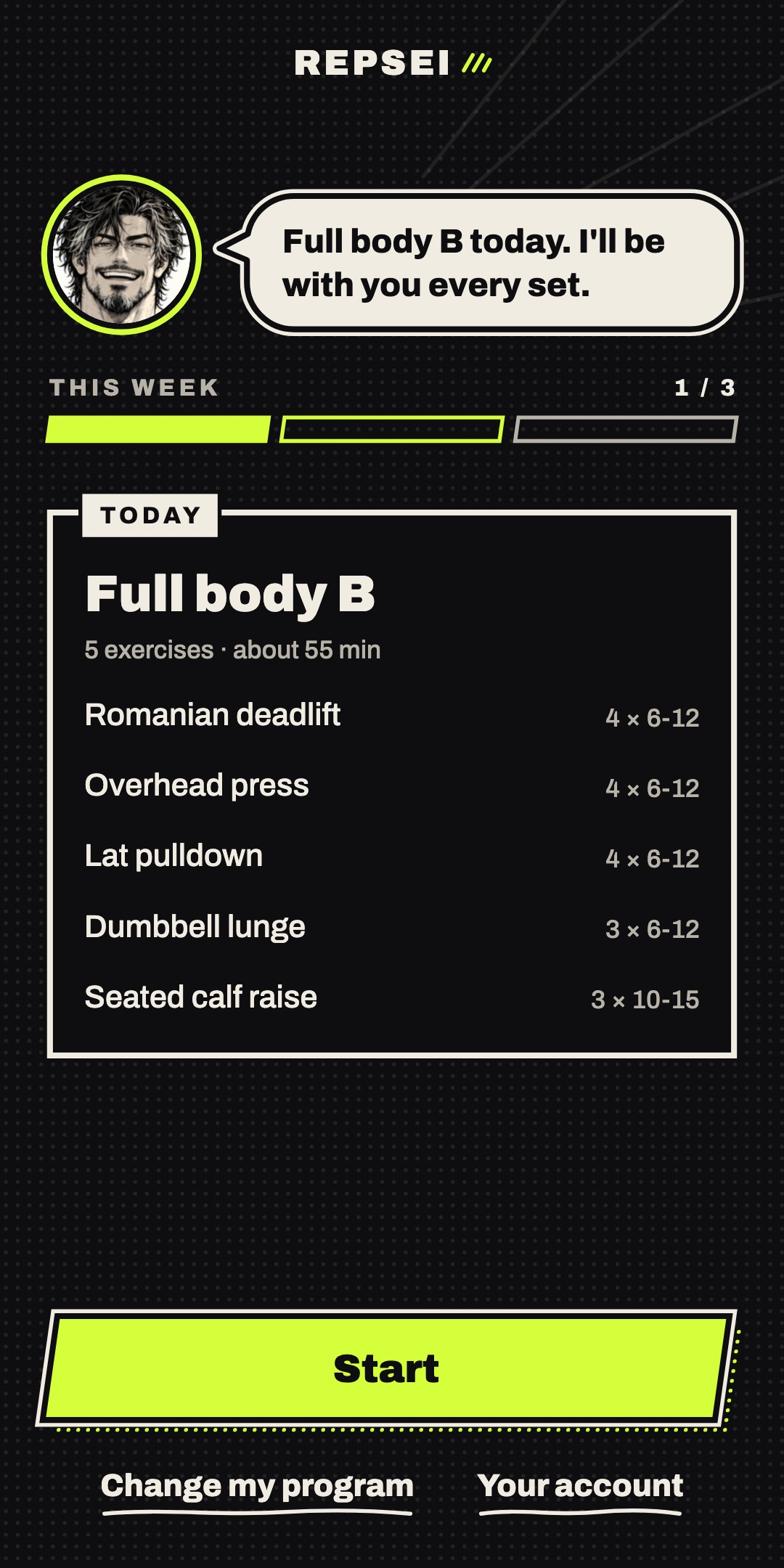 The home screen with today's session