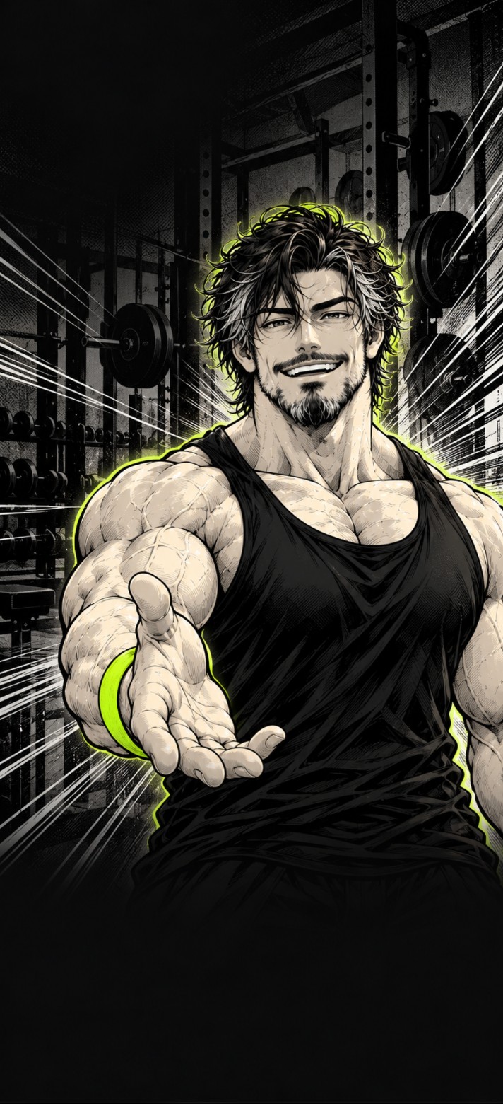 The sensei, a smiling lifter in a gym, holding out an open hand